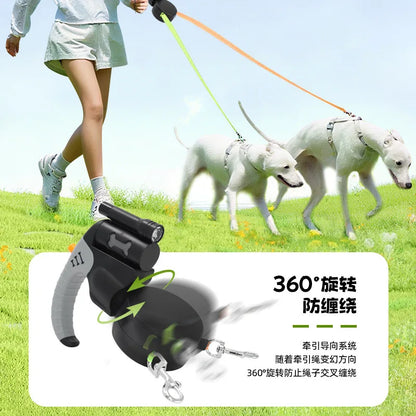 Dual Head Retractable Pet Leash Built-in LED Lighting One Drag Two Automatic Dog Walking Rope For Two Dogs Night Outdoor Walking
