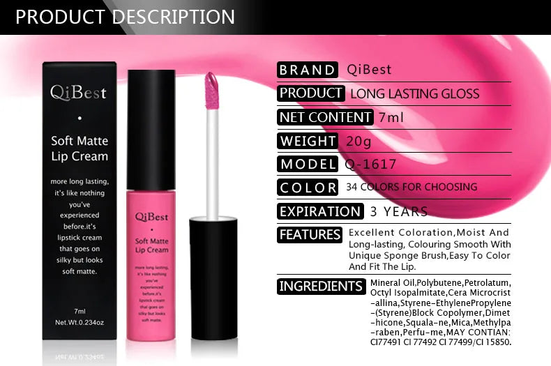 QIBEST Matte Liquid Lipstick Waterproof Lasting Velvet Lip Gloss Tint Tube Nude Pigment Red Black Purple Orange Lipsticks Makeup