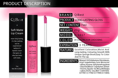 QIBEST Matte Liquid Lipstick Waterproof Lasting Velvet Lip Gloss Tint Tube Nude Pigment Red Black Purple Orange Lipsticks Makeup