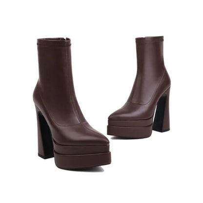 New 2026 Style Fashion High-heeled Women's Boots Solid PU Pointed Toe Zipper Platform Square Heel Women's Boots