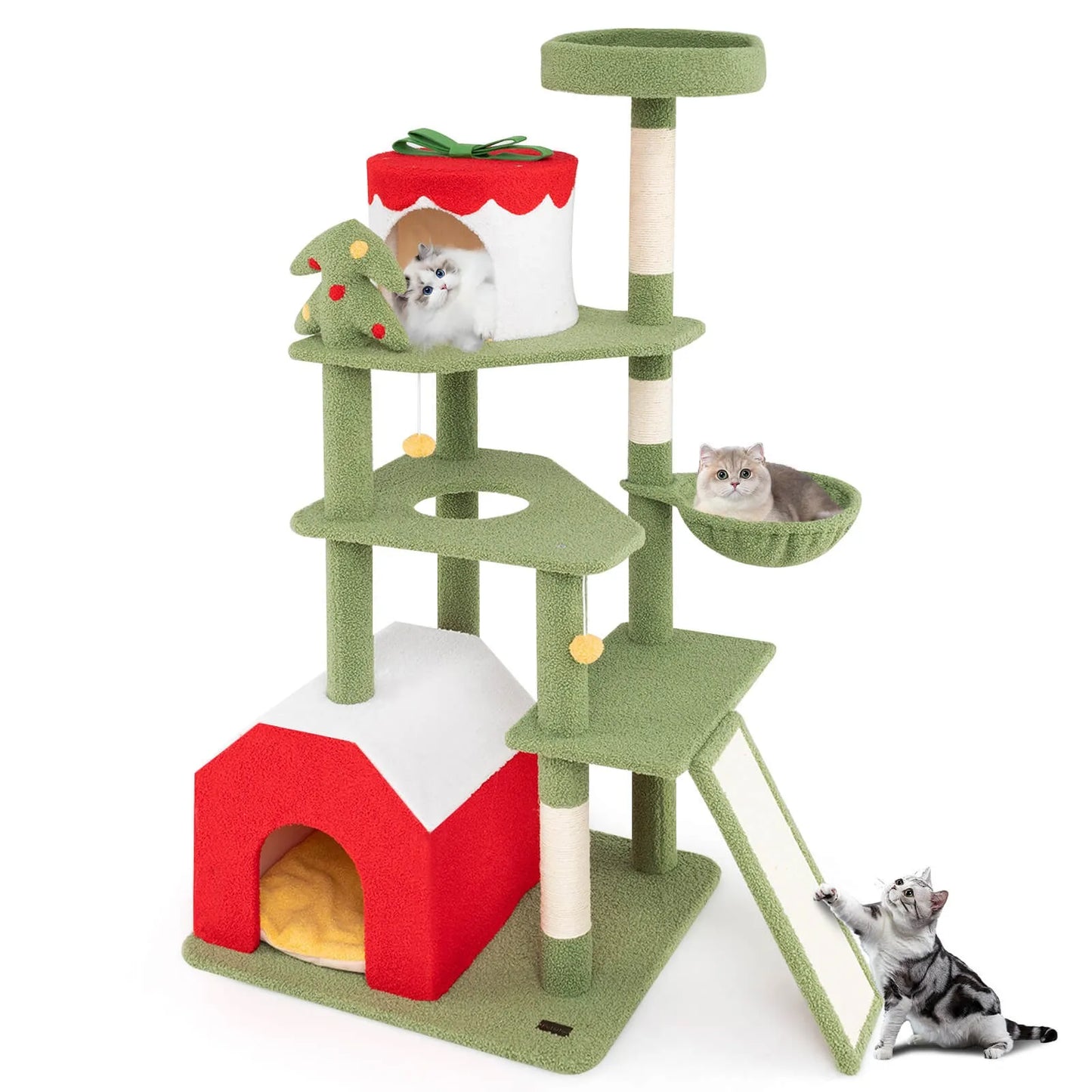 61" Tall Christmas Cat Tree w/ Sisal Scratching Posts Plush Perch & 2 Condos