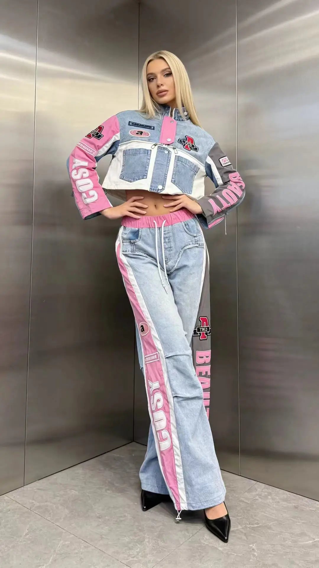 European Trend Suit Women 2026 Spring New Denim Splicing Letter Embroidered Long-sleeved Top Elastic Waist Trousers Casual Sets
