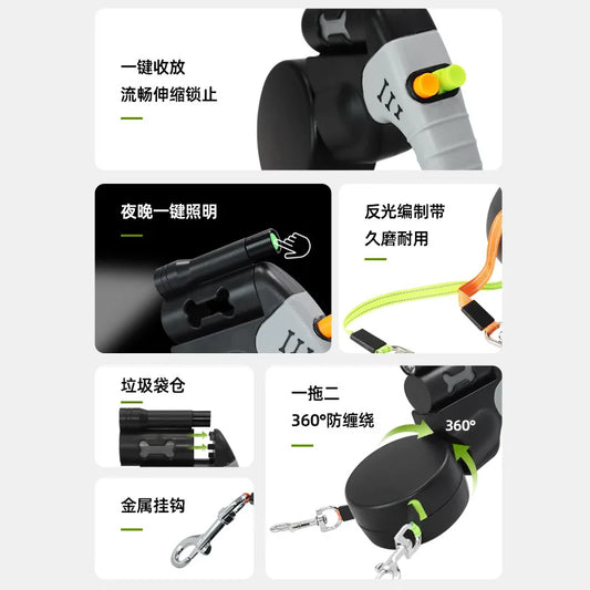 Dual Head Retractable Pet Leash Built-in LED Lighting One Drag Two Automatic Dog Walking Rope For Two Dogs Night Outdoor Walking