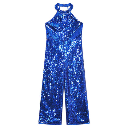 Kids Girls Jazz Dance Performance Jumpsuit Shiny Sequin Sleeveless Halter Romper Birthday Wedding Party Dancing Prom Bodysuit