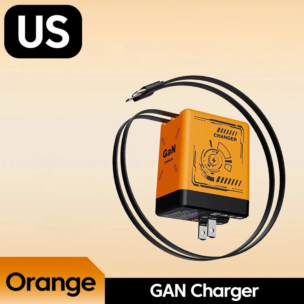 120W GaN Fast Charger With Retractable Type-C Cable Portable PD Mobile Phone Adapter For iPhone 17 16 Pro Samsung Xiaomi Huawei