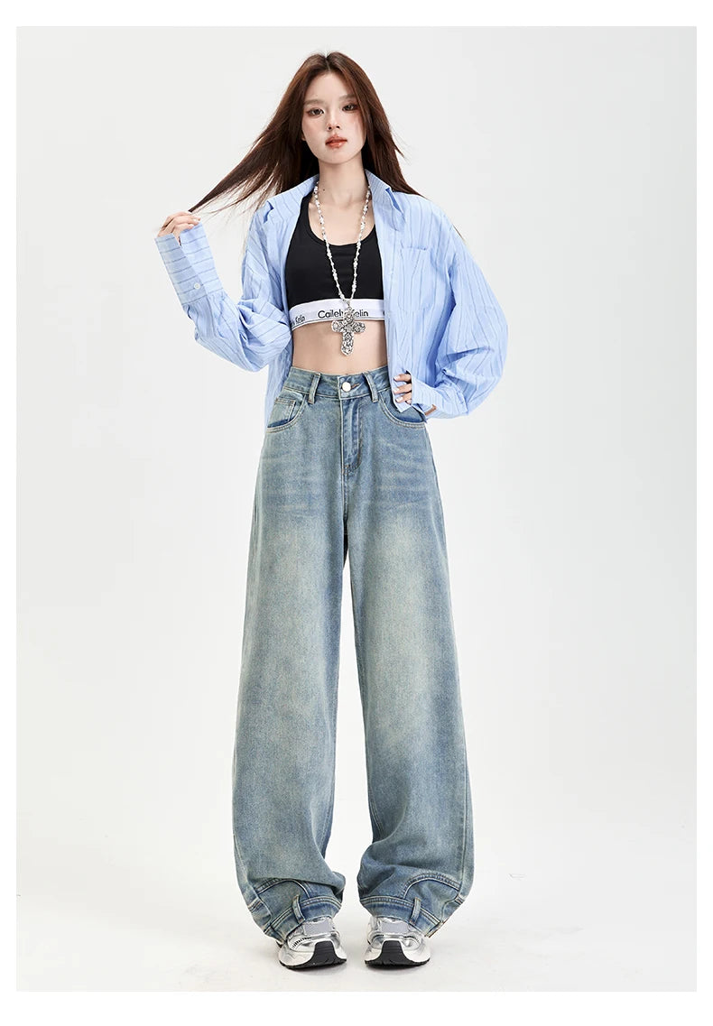 Ins Fashion American Retro Baggy High Waisted Jeans Woman High Street Denim Pants Reversible Trousers Streetwear Y2K Loose Jeans