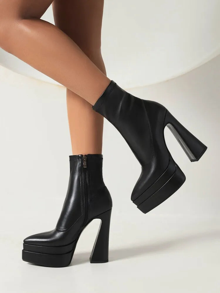 New 2026 Style Fashion High-heeled Women's Boots Solid PU Pointed Toe Zipper Platform Square Heel Women's Boots