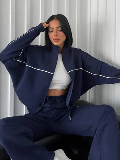 Sweatshirt Two-piece Suit Women's Oversize Striped Casual Sports Sets Zipper-up Short Jacket Straight Trousers 2-piece Sets