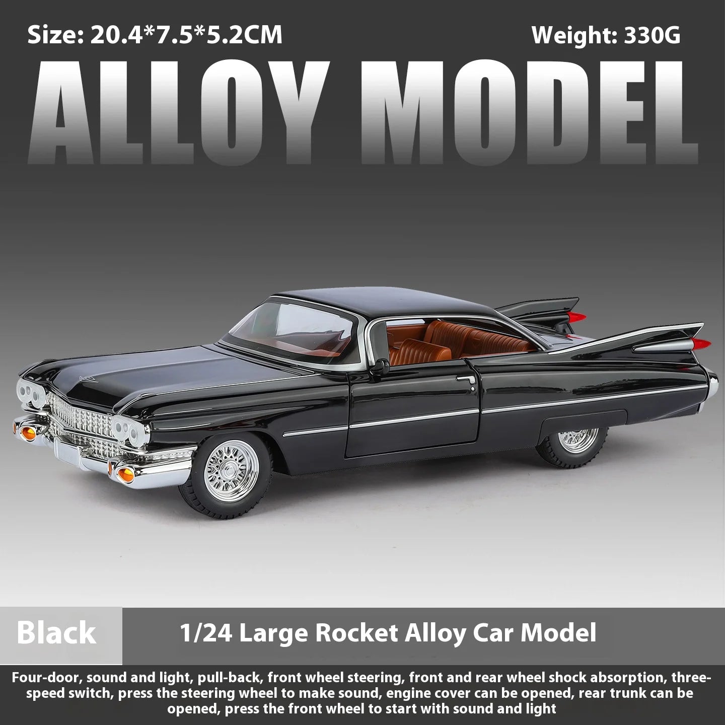 Cadillac Eldorado 1959 Metal Diecast Retro Car Model 1/24 Scale Sound and Light Back Pull Boy Gift Ornament Halloween Toys