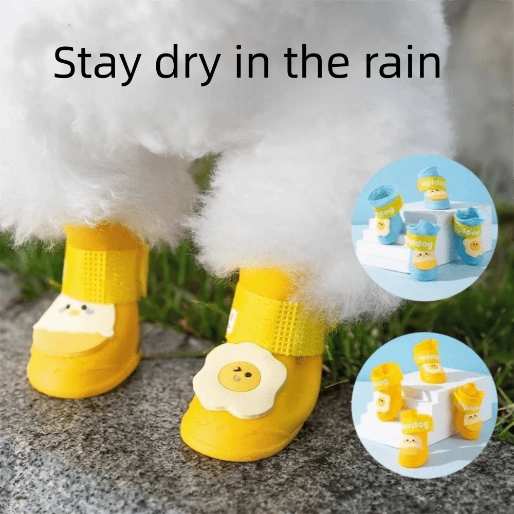 4Pcs/Set Silicone Pet Rain Boot Waterproof Anti Slip Sole Pet Paw Protector Cartoon Wear Resistance Outdoor Dog Footwear Outdoor