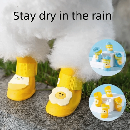 4Pcs/Set Silicone Pet Rain Boot Waterproof Anti Slip Sole Pet Paw Protector Cartoon Wear Resistance Outdoor Dog Footwear Outdoor