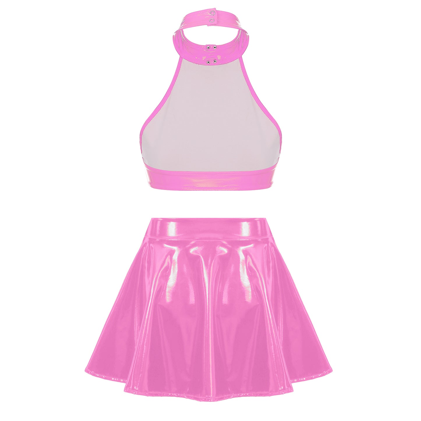 Women's Patent Leather Backless Sleeveless Halter Crop Tops with Invisible Zipper Flared Skirt Rave Party Pole Dance Clubwear