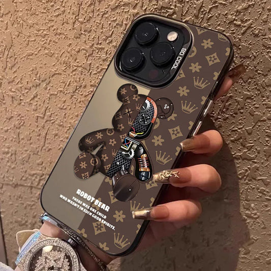 Matte Hard Case for iPhone 16 15 14 13 12 11 Pro Max XS X XR 8 7 Plus SE 2020 Luxury Retro Robot Bear Shockproof Plating Cover