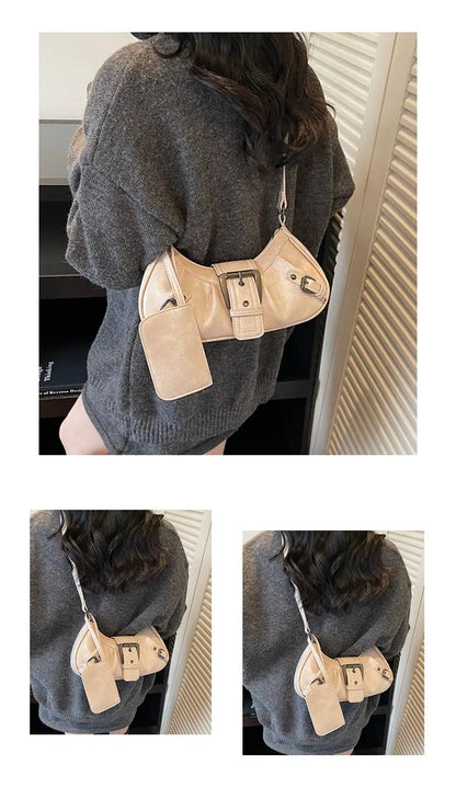 Shoulder Bags Y2K Retro Style Shoulder Bag, Maillard Pleated Rivet Armpit Bag, Fashionable Ladies Cool Leather Shoulder Bag