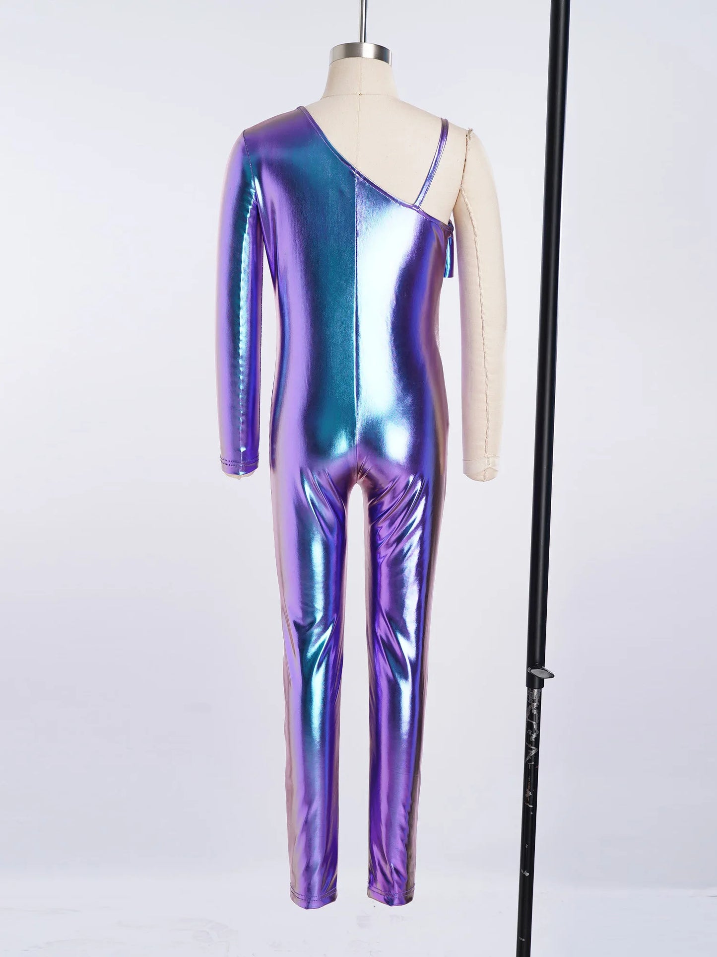 Kids Girls Metallic Shiny Ballet Dance Unitards Figure Skating Acrobatics Gymnastics Leotard One Shoulder Long Sleeve Jumpsuit
