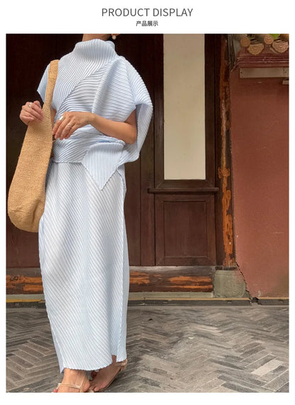 Miyake Pleated Women Set 2026 Summer New Solid Color Irregular Design T-shirt Loose Large Half Skirt Female Two Piece Set