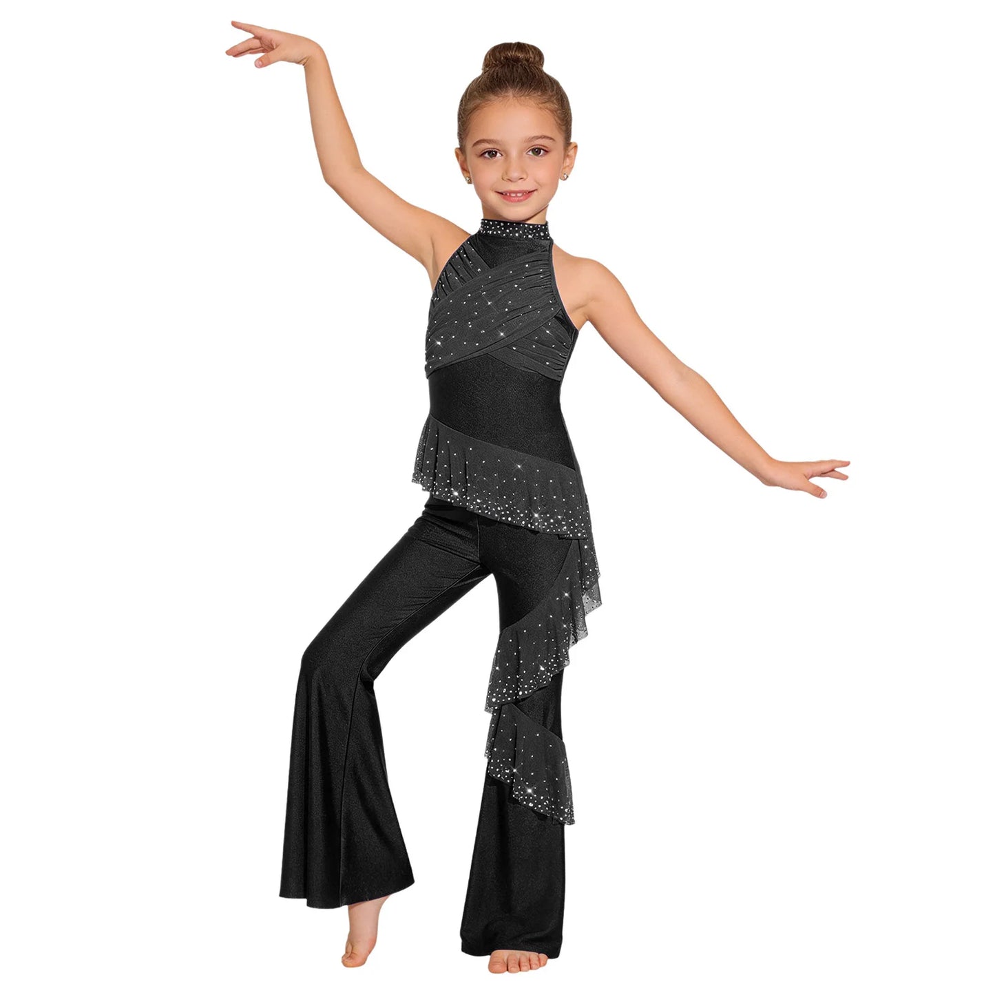 Kids Girls Figure Skating Jumpsuit Ballet Gymnastics Acrobatics Dance Leotard Sleeveless Shiny Rhinestones Ruffles Mesh Bodysuit