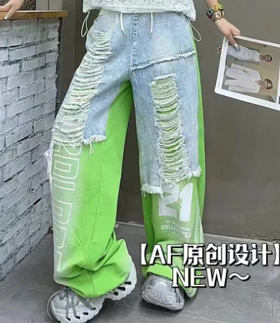 European Trend Suit Women's 2026 Summer New Printed Splicing Denim Ripped Loose Short-sleeved Straight Pants Tide