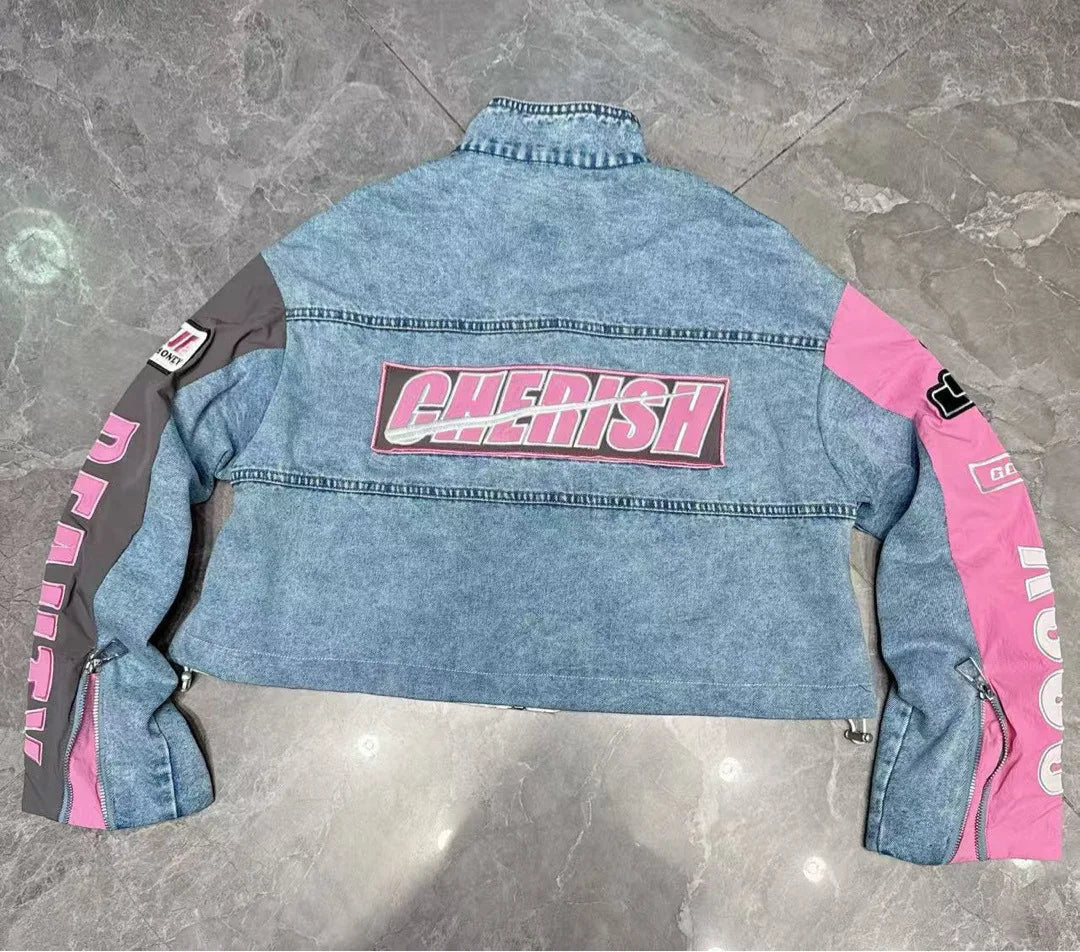 European Trend Suit Women 2026 Spring New Denim Splicing Letter Embroidered Long-sleeved Top Elastic Waist Trousers Casual Sets