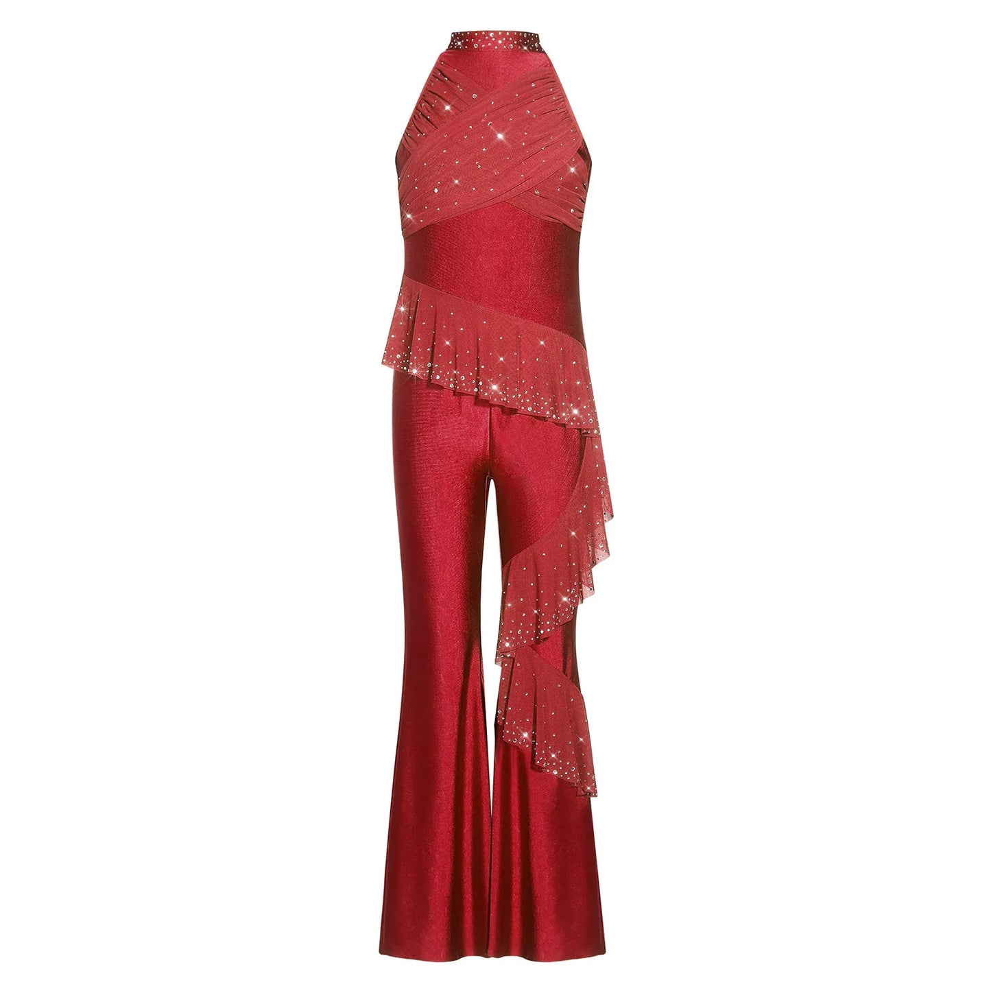 Kids Girls Figure Skating Jumpsuit Ballet Gymnastics Acrobatics Dance Leotard Sleeveless Shiny Rhinestones Ruffles Mesh Bodysuit