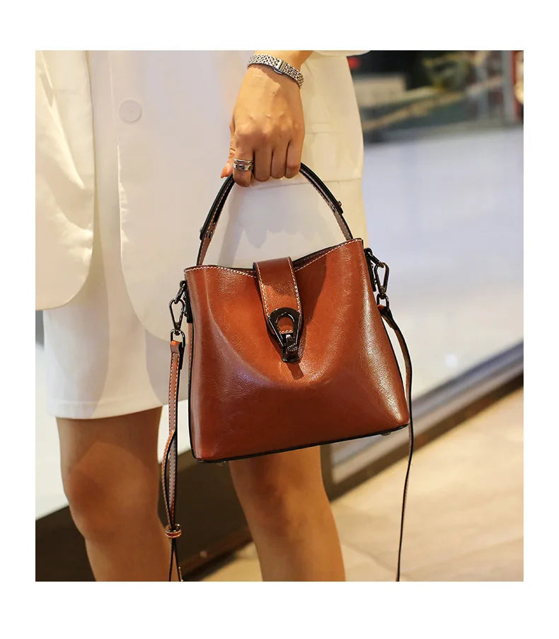 Real Cowhide Leather Women's New Bucket Bag Lady Fashion Single Shoulder Messenger Bag Versatile Handbag Casual Crossbody Bags