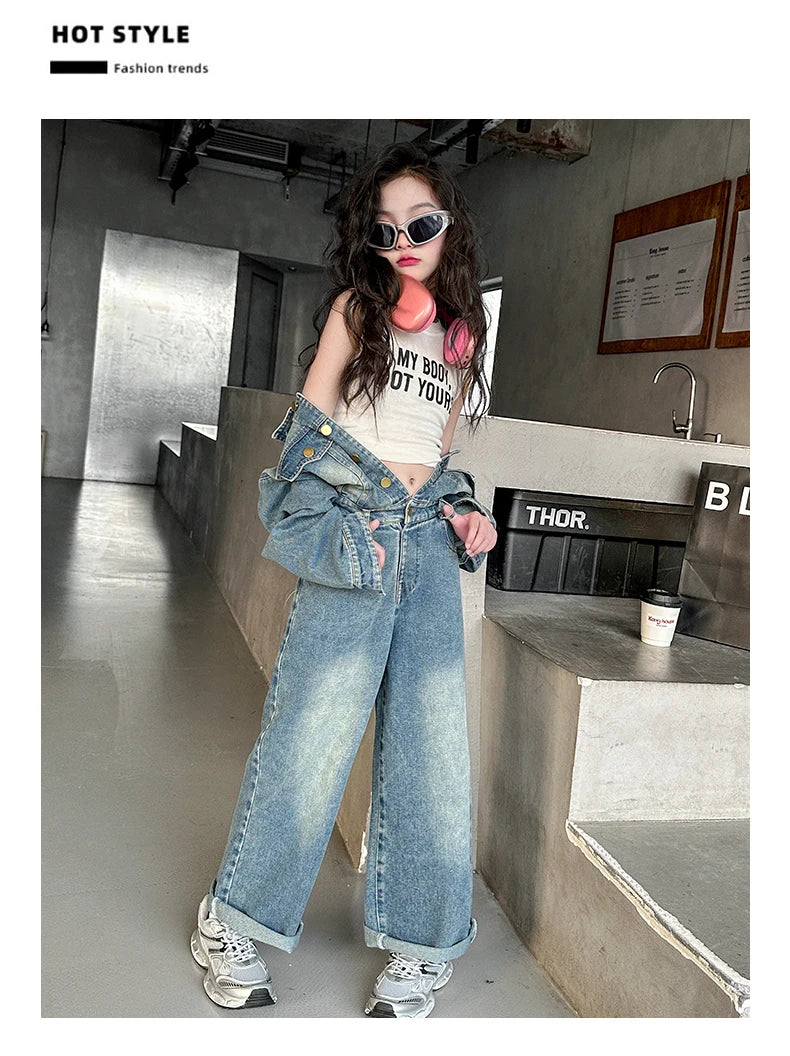 2025 Spring teen Kids girl Denim Jumpsuits Long Sleeve Overalls Children Fashion Jeans Loose Trousers Korean junior Girls Outfit