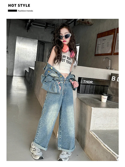 2025 Spring teen Kids girl Denim Jumpsuits Long Sleeve Overalls Children Fashion Jeans Loose Trousers Korean junior Girls Outfit