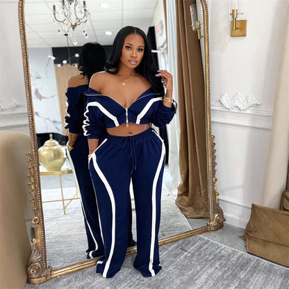 Doyerl Striped Casual Two Piece Set Woman Tracksuit Sports Joggers Zip Long Sleeve Jacket and Sweatpants Matching Sets Outfits