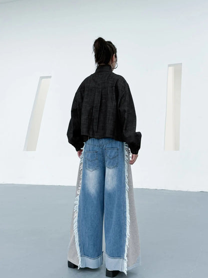 NYFS Europe United States Patchwork Loose plus Size Women's Jeans Elastic Waist Trousers Autumn Fashion Denim Wide-leg pants