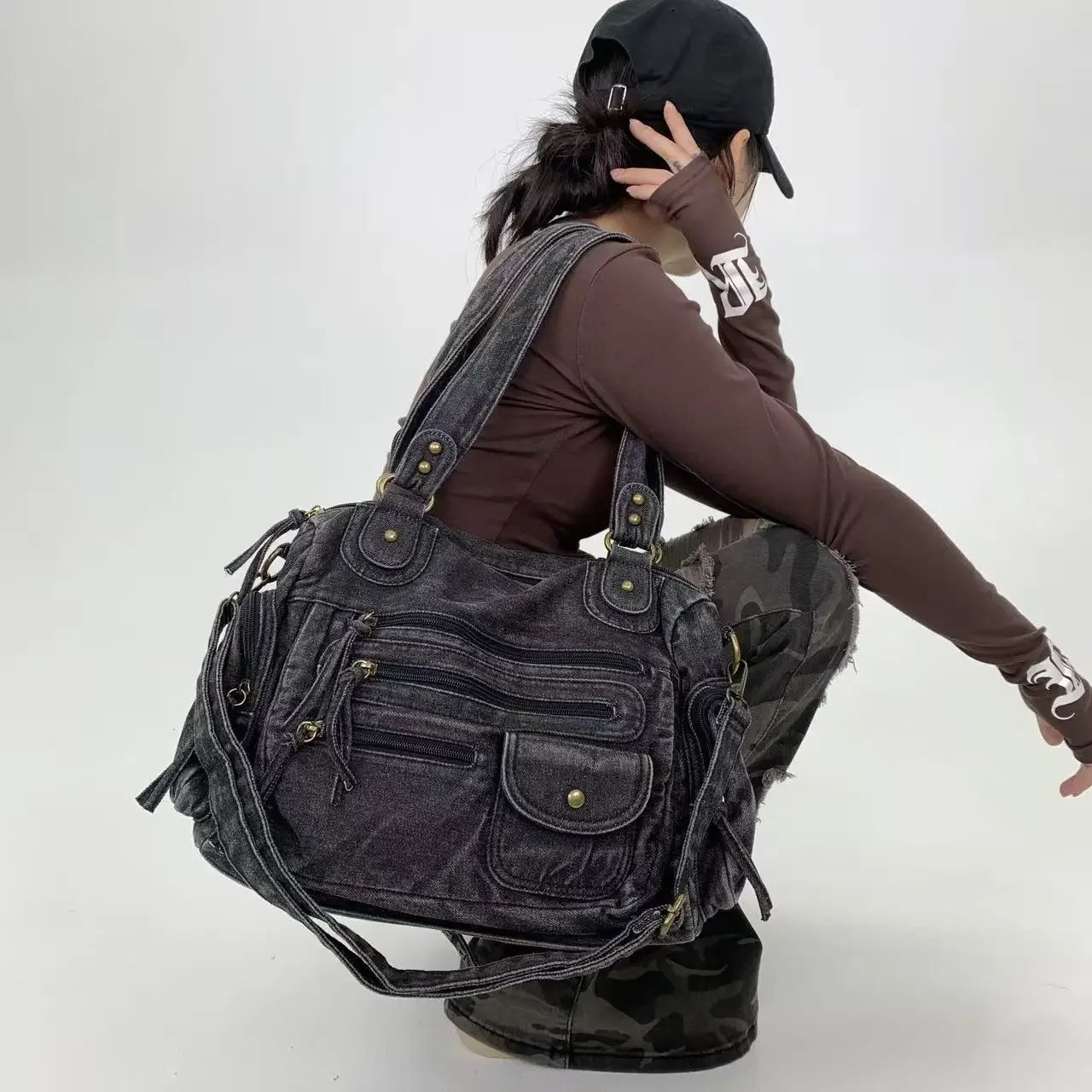 Y2K Street Personalized Women's Multi Pocket Shoulder Bag Large Capacity Retro Motorcycle Tote Bag