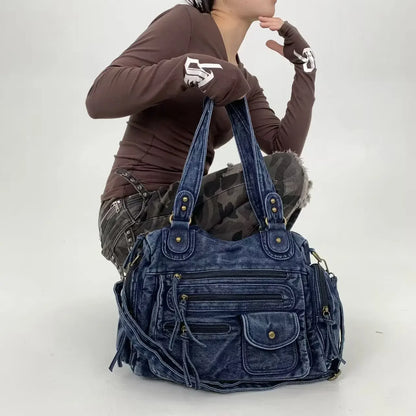 Y2K Street Personalized Women's Multi Pocket Shoulder Bag Large Capacity Retro Motorcycle Tote Bag