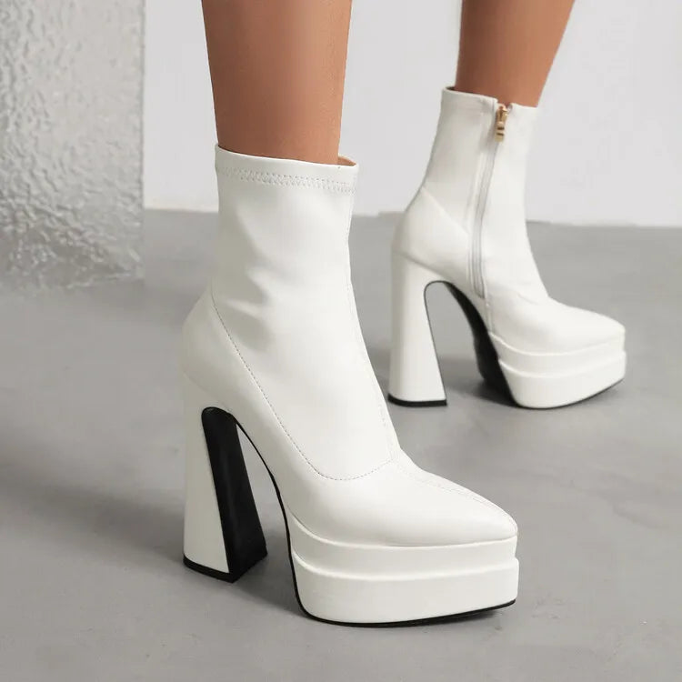 New 2026 Style Fashion High-heeled Women's Boots Solid PU Pointed Toe Zipper Platform Square Heel Women's Boots