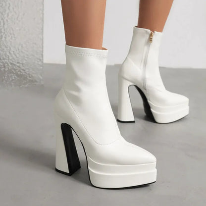 New 2026 Style Fashion High-heeled Women's Boots Solid PU Pointed Toe Zipper Platform Square Heel Women's Boots