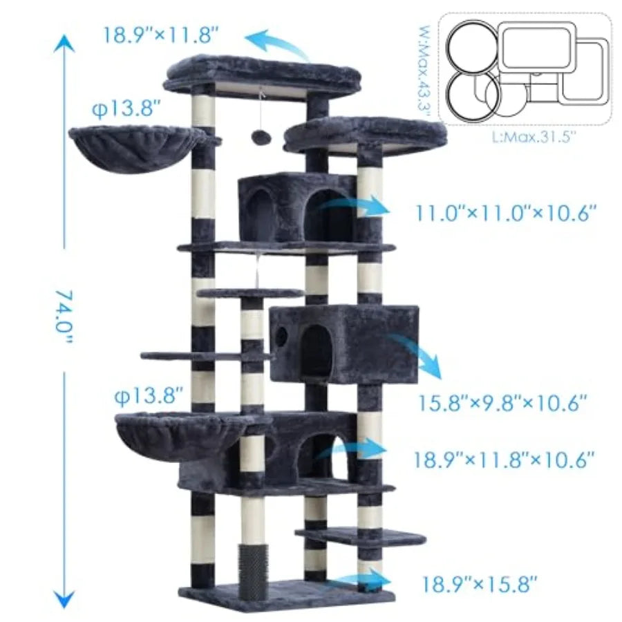 Cat Tree 74 inches Multi-Level XL Large Cat Tower for Indoor Cats with Three Cat Condos Two Large Top Decks and Cat Hairbrush f