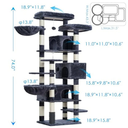 Cat Tree 74 inches Multi-Level XL Large Cat Tower for Indoor Cats with Three Cat Condos Two Large Top Decks and Cat Hairbrush f