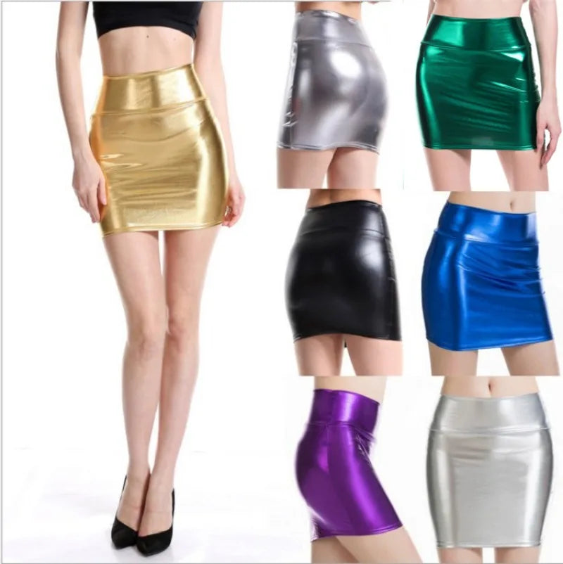 Sexy Women PU Leather Pencil Bodycon High Waist Mini Skirt Fashion Ladies Femme Shiny Patent Leather Wetlook Pole Dance Skirt