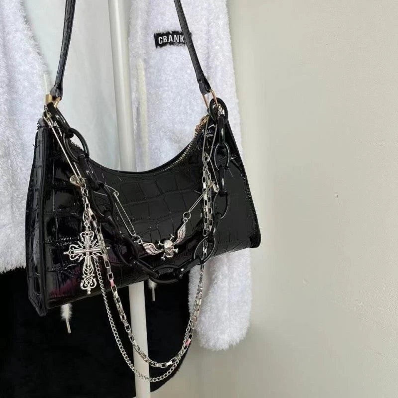Gothic Dark Punk Underarm Bag With Skull Shoulder Bag Y2k Chain Crocodile Pattern Crossbody Bag  Popular Aesthetic Bags