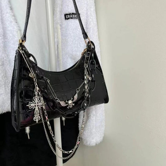 Gothic Dark Punk Underarm Bag With Skull Shoulder Bag Y2k Chain Crocodile Pattern Crossbody Bag  Popular Aesthetic Bags