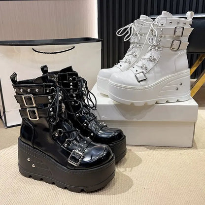 New Punk Women's Boots Wedges Ladies Shoes Patent Leather Boot Rivets Cosplay Ankle Boots Zip Ladies Gothic Motorcycle Boot