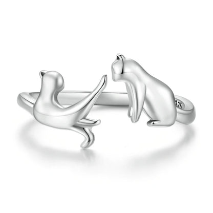 WOSTU 100% 925 Sterling Silver Cat Dog Opening Ring Hot Sale Pet Rings For Women Original Fashion Animal Jewelry Party Gift