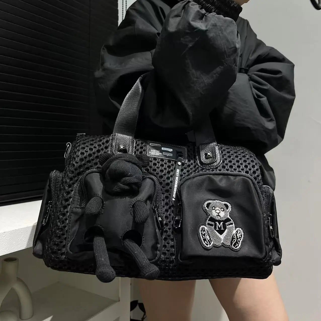 Ladies' fashionable mesh splicing casual handbag with multiple pockets, teddy bear doll, single shoulder diagonal cross bag