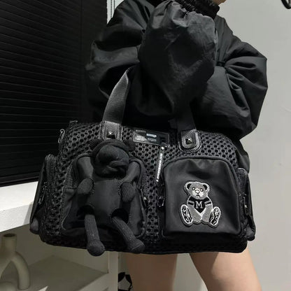 Ladies' fashionable mesh splicing casual handbag with multiple pockets, teddy bear doll, single shoulder diagonal cross bag