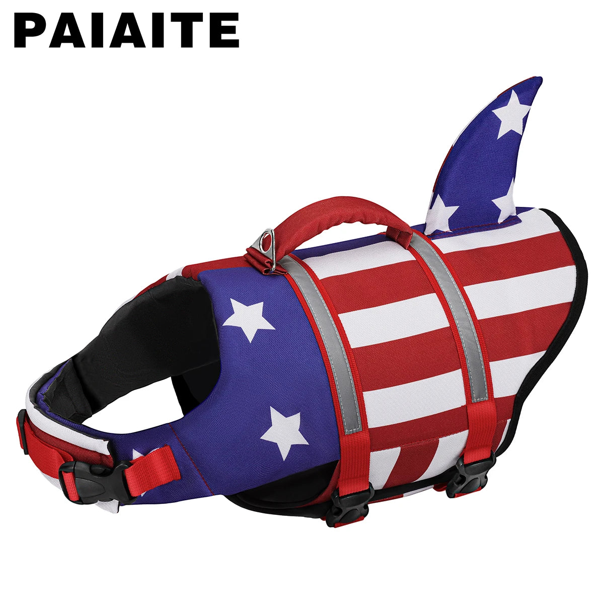 Shark US Flag Dog Life Jacket, Reflective Swim Vest with Rescue Handle, Adjustable High Buoyancy for Small Medium Large Dogs