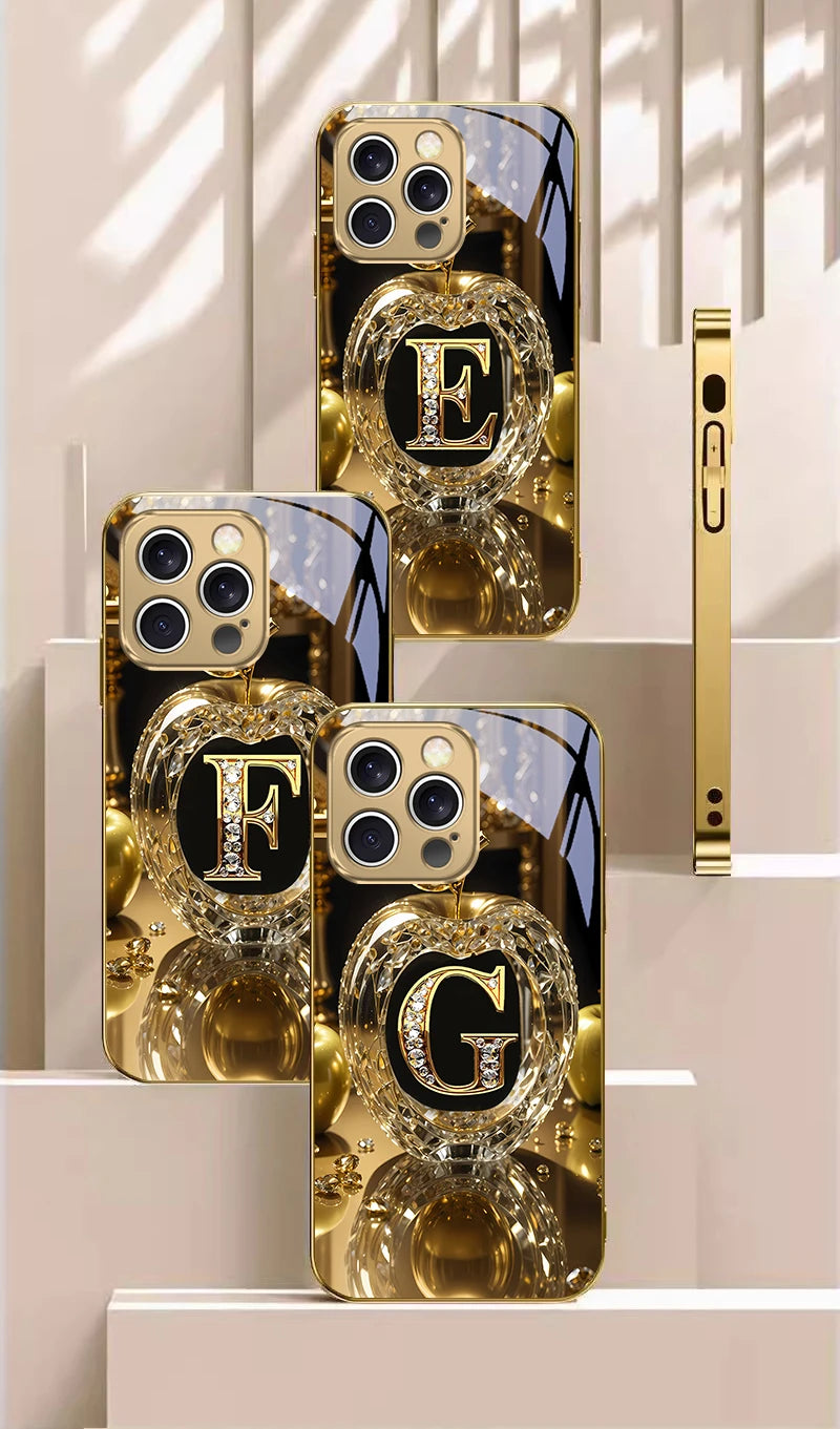 High end golden letter 'F' For IPhone 16 17Pro Max 15 P ro 14 13 Plus 12 Mini 11Pro Max XR 16E 17 Air Golden glass phone case