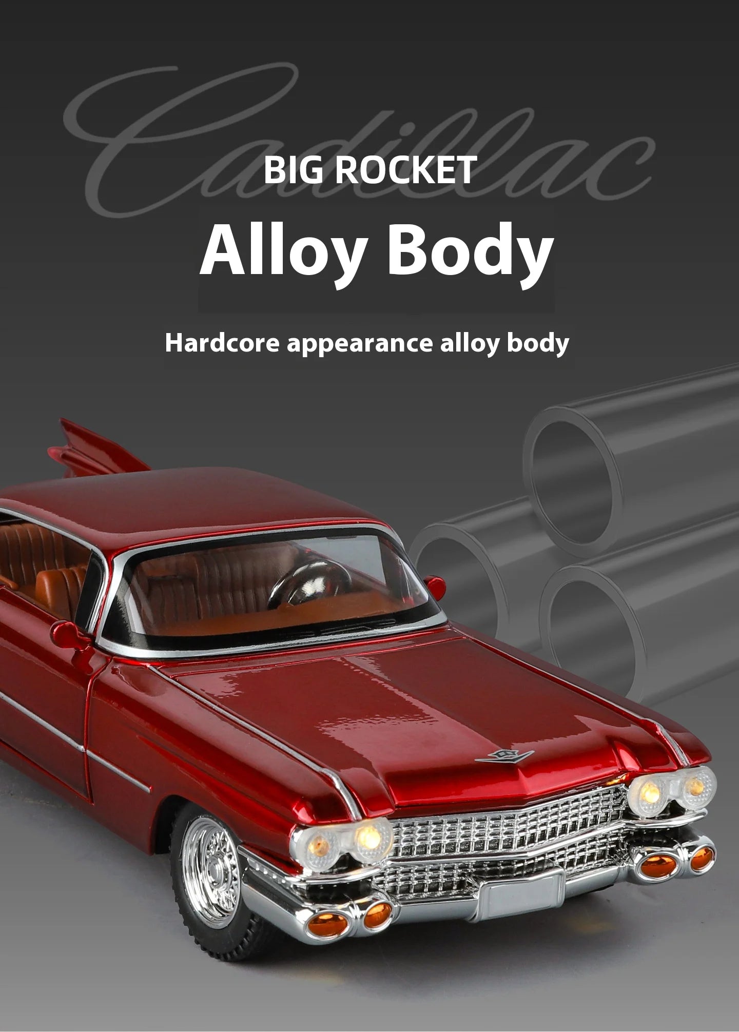Cadillac Eldorado 1959 Metal Diecast Retro Car Model 1/24 Scale Sound and Light Back Pull Boy Gift Ornament Halloween Toys
