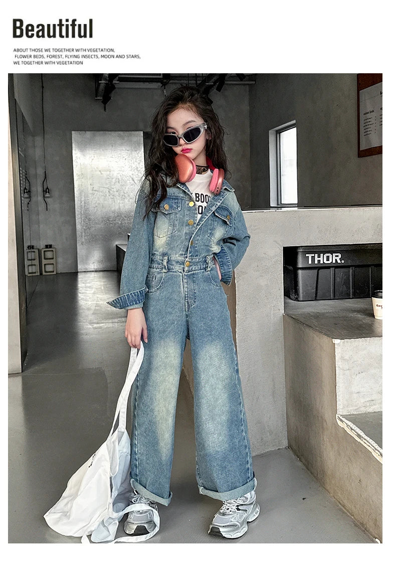 2025 Spring teen Kids girl Denim Jumpsuits Long Sleeve Overalls Children Fashion Jeans Loose Trousers Korean junior Girls Outfit