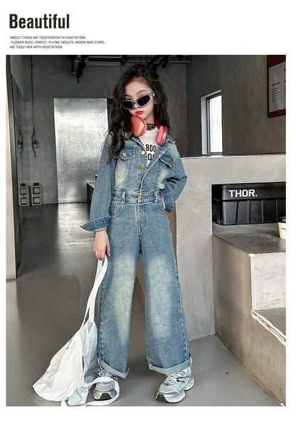 2025 Spring teen Kids girl Denim Jumpsuits Long Sleeve Overalls Children Fashion Jeans Loose Trousers Korean junior Girls Outfit