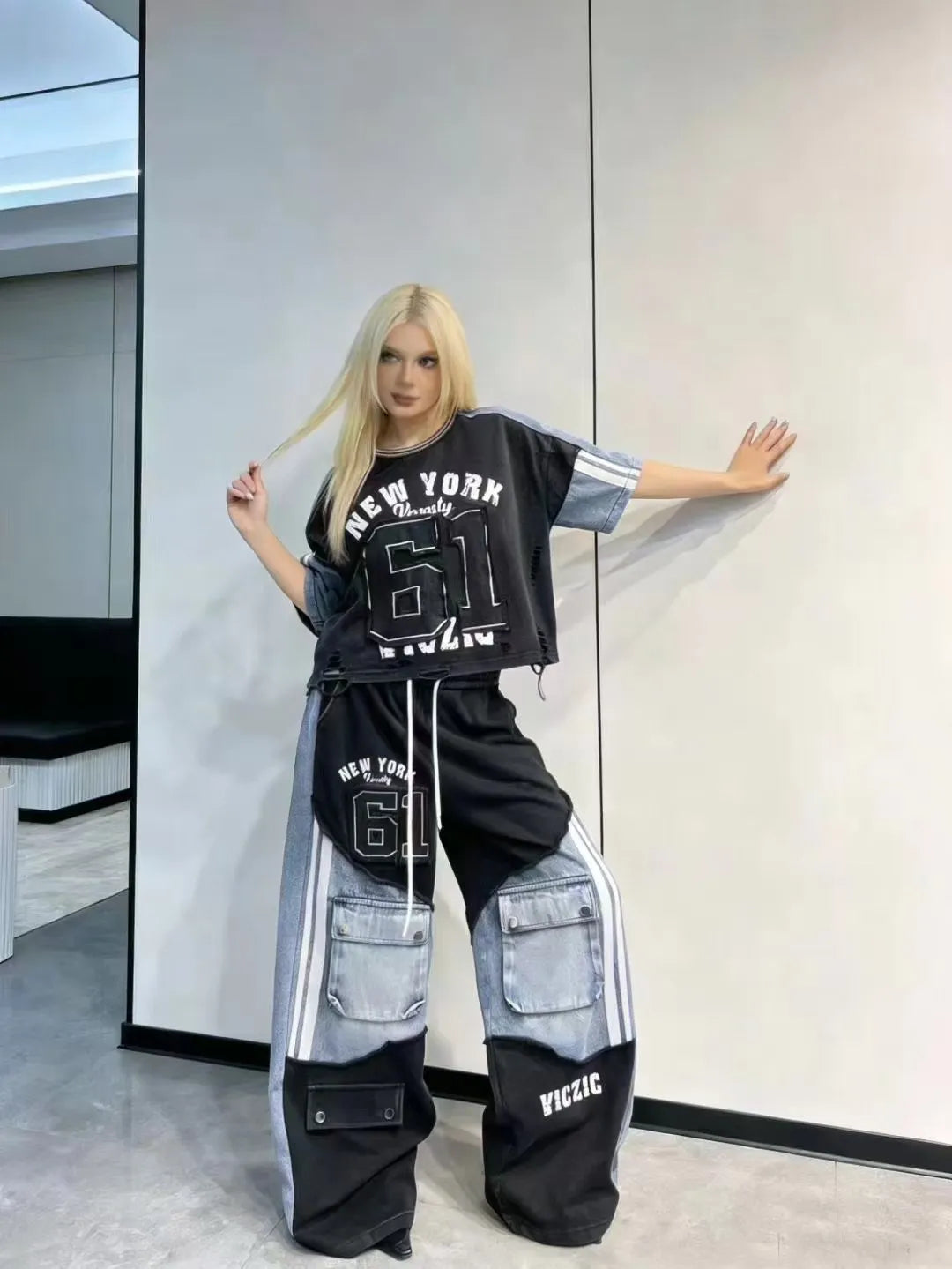 European Casual Suit Women's 2026 Spring and Summer New Letter-printed Trousers Denim Splicing Ripped Short-sleeved Top