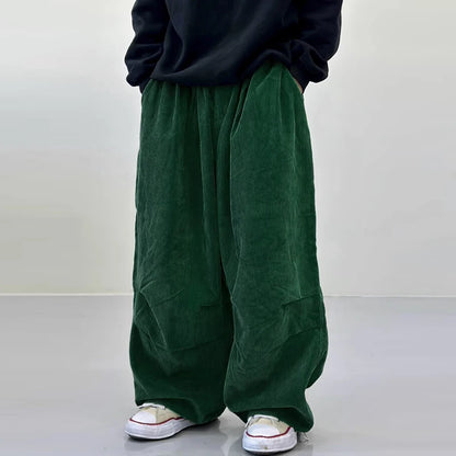 INCERUN Men Corduroy Pants Solid Color Loose Elastic Waist Streetwear Casual Wide Leg Trousers Men Long Pants