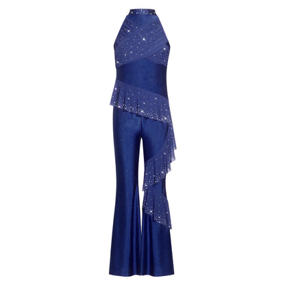 Kids Girls Figure Skating Jumpsuit Ballet Gymnastics Acrobatics Dance Leotard Sleeveless Shiny Rhinestones Ruffles Mesh Bodysuit